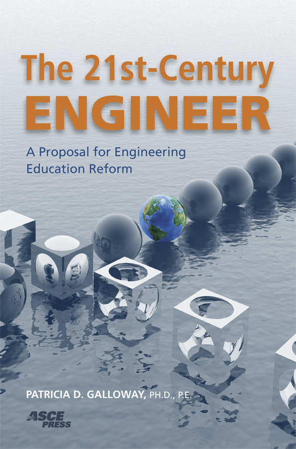 gray book cover with gray globes floating on water, one being the planet earth and orange text The 21st-Century Engineer